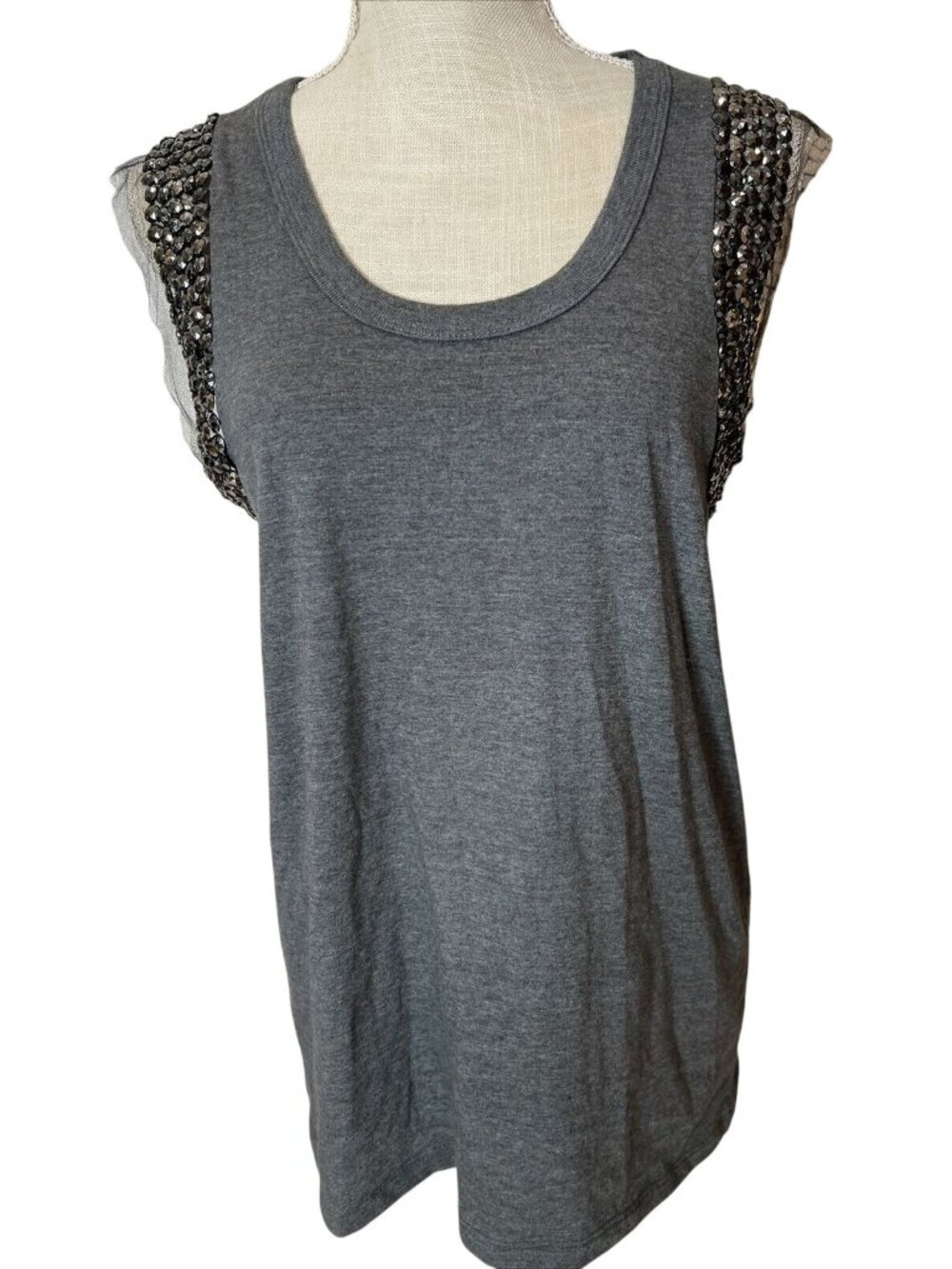 Naima Gray Sleeveless Tank Top Rhinestone Embellished Shoulders Size M